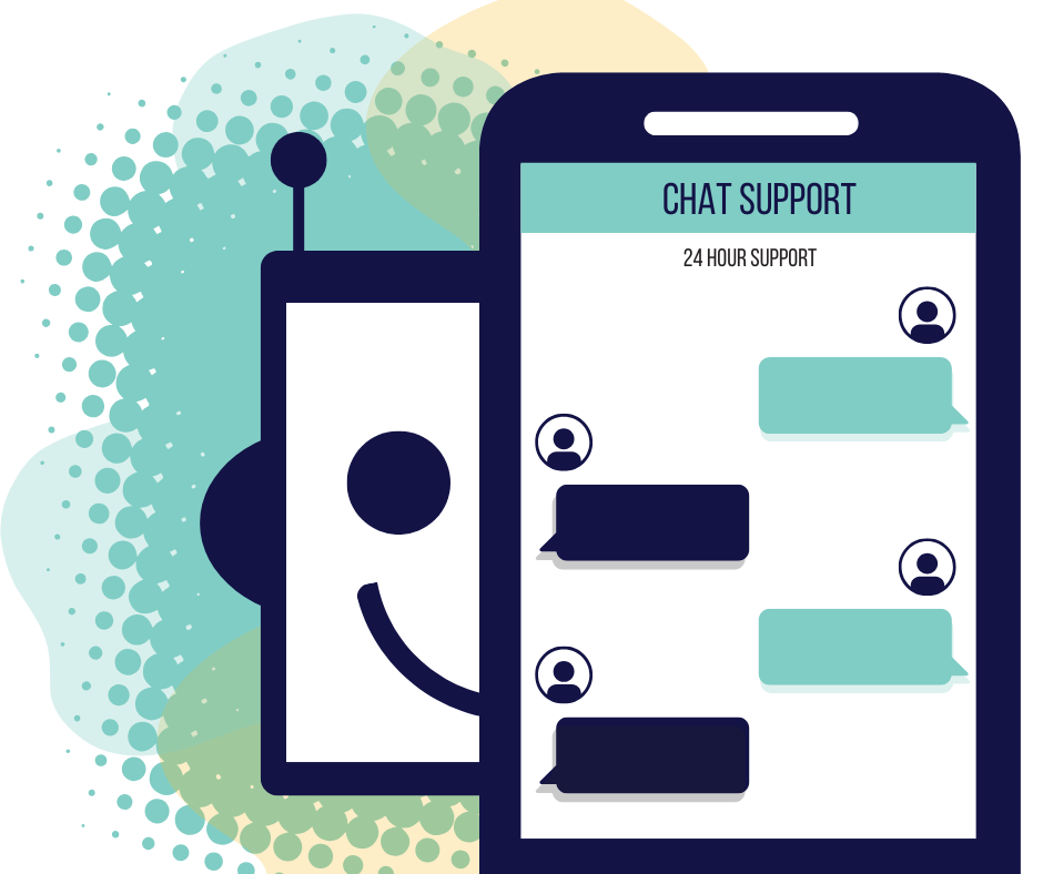 Graphic of an AI Chat bot powering a message between a customer and a business.