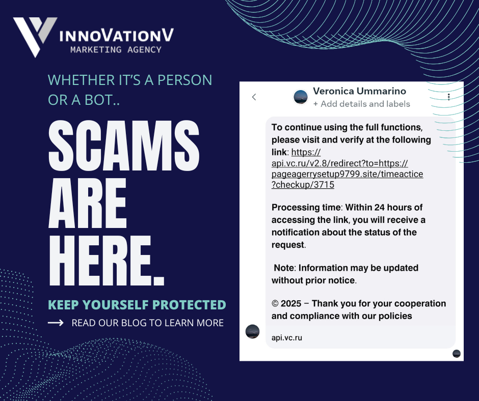 Blog graphic that emphasizes "Scams are here" with a screenshot of a Facebook phishing message.